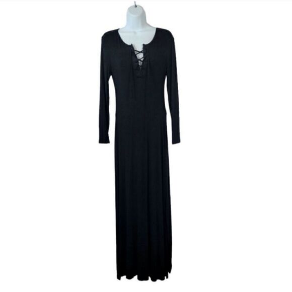 NEW Earthbound Lace Up Jersey Knit Longsleeve Maxi Dress in Black Size Small - Picture 3 of 8